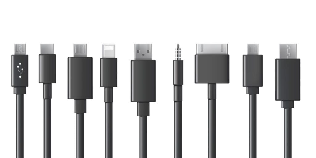 Cable ports, chargers, usb cables, plugs and connectors set. Types of mobile phone cords, collection of black smartphone connection wires on white background.